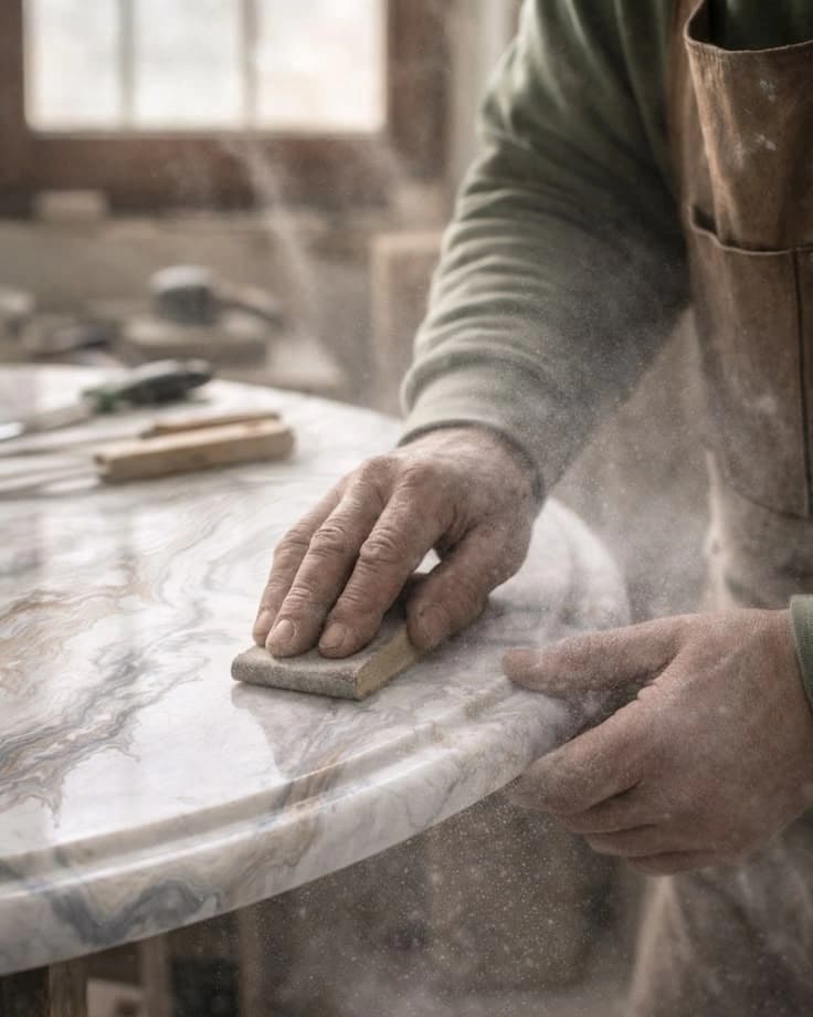 Artisan marbrier travaillant une pièce en marbre, atelier ATELIA Casablanca